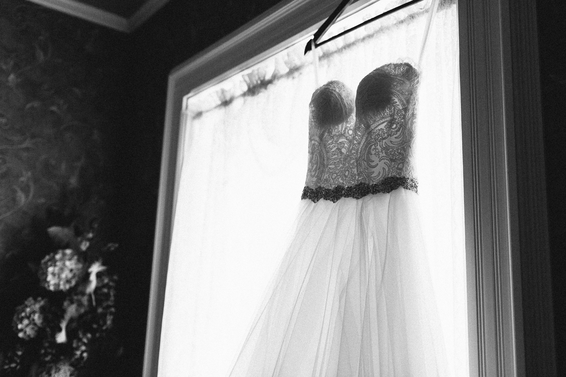 wedding dress in window