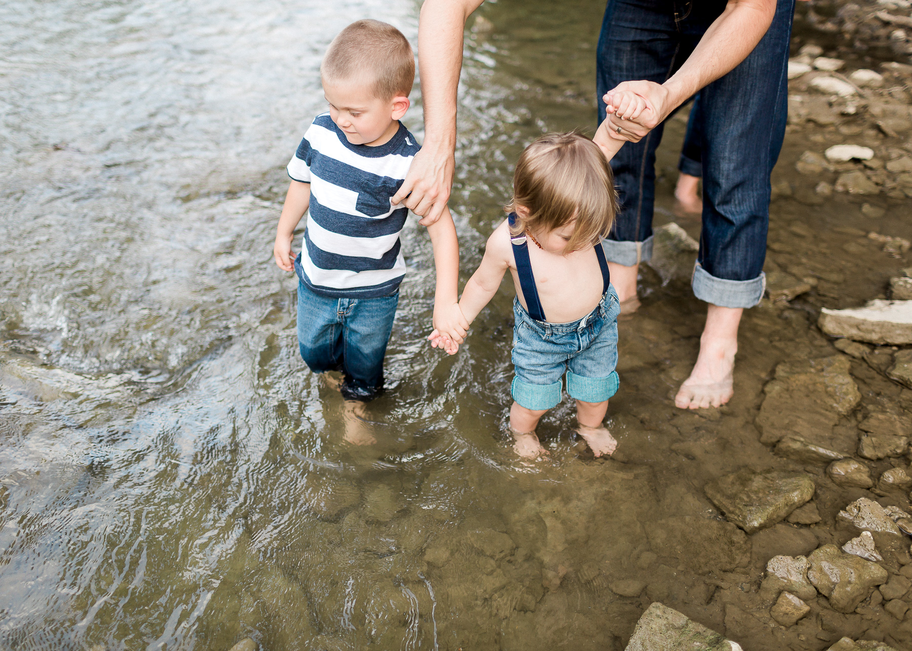 brothers walking in creek