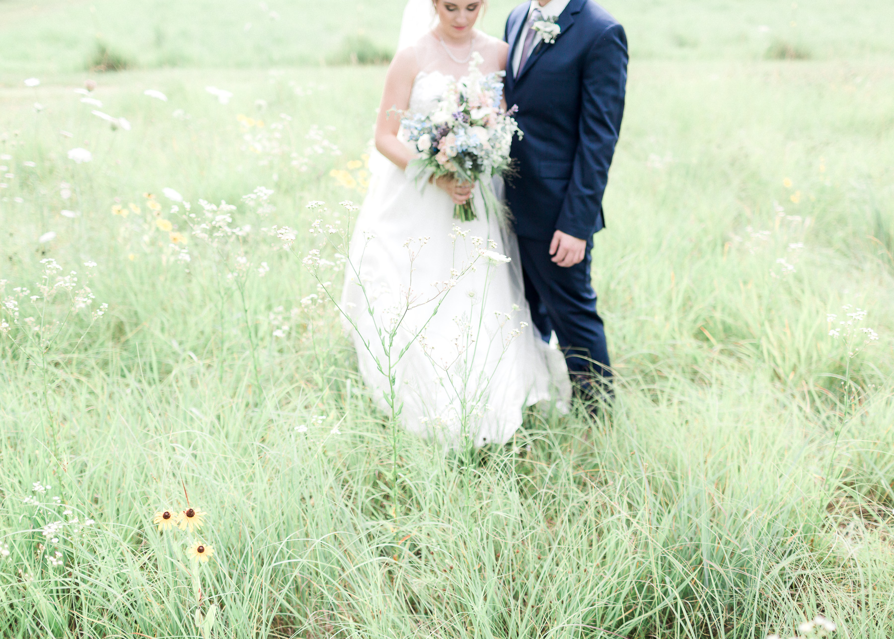 bride and groom in field