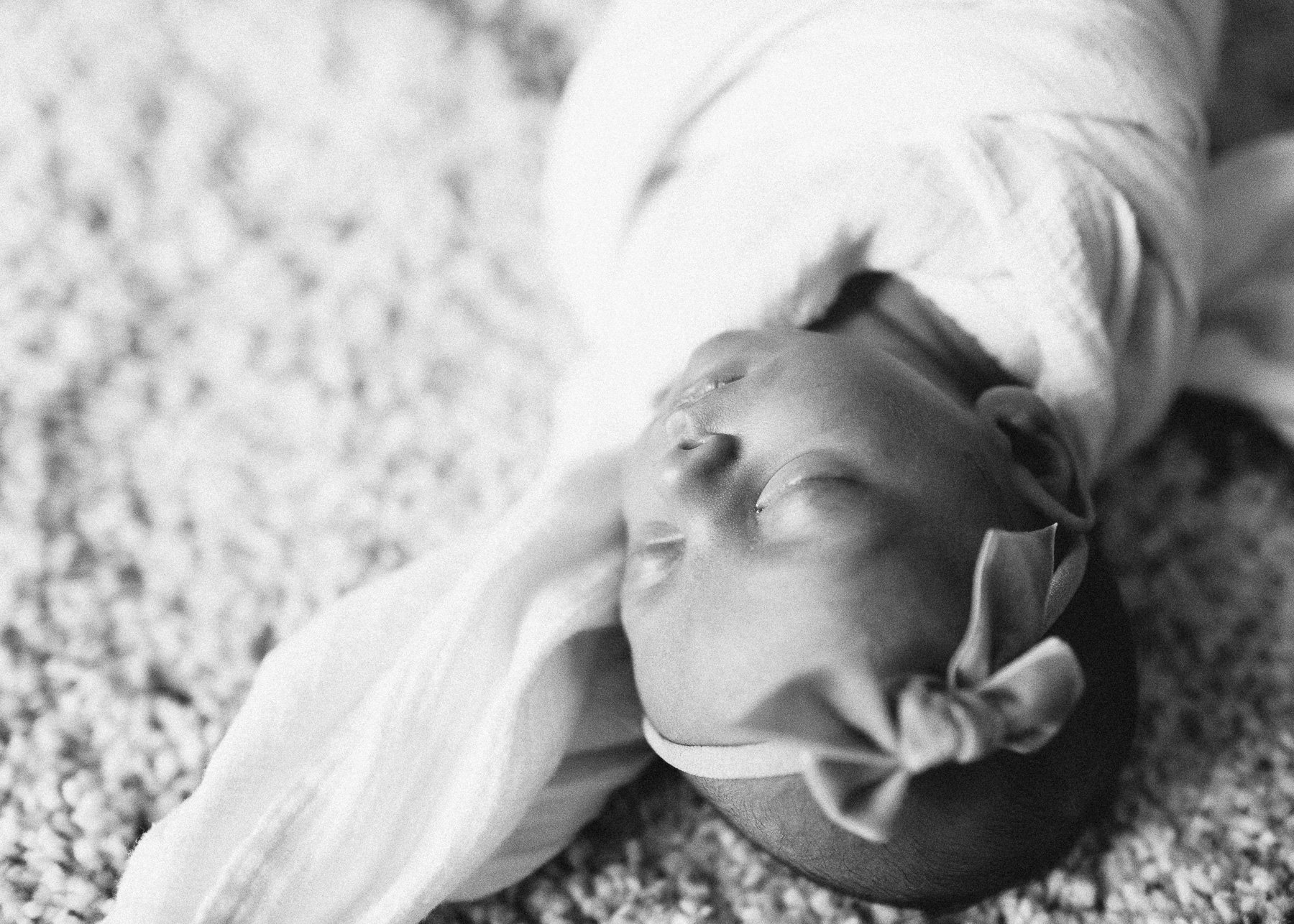 black and white of baby face details